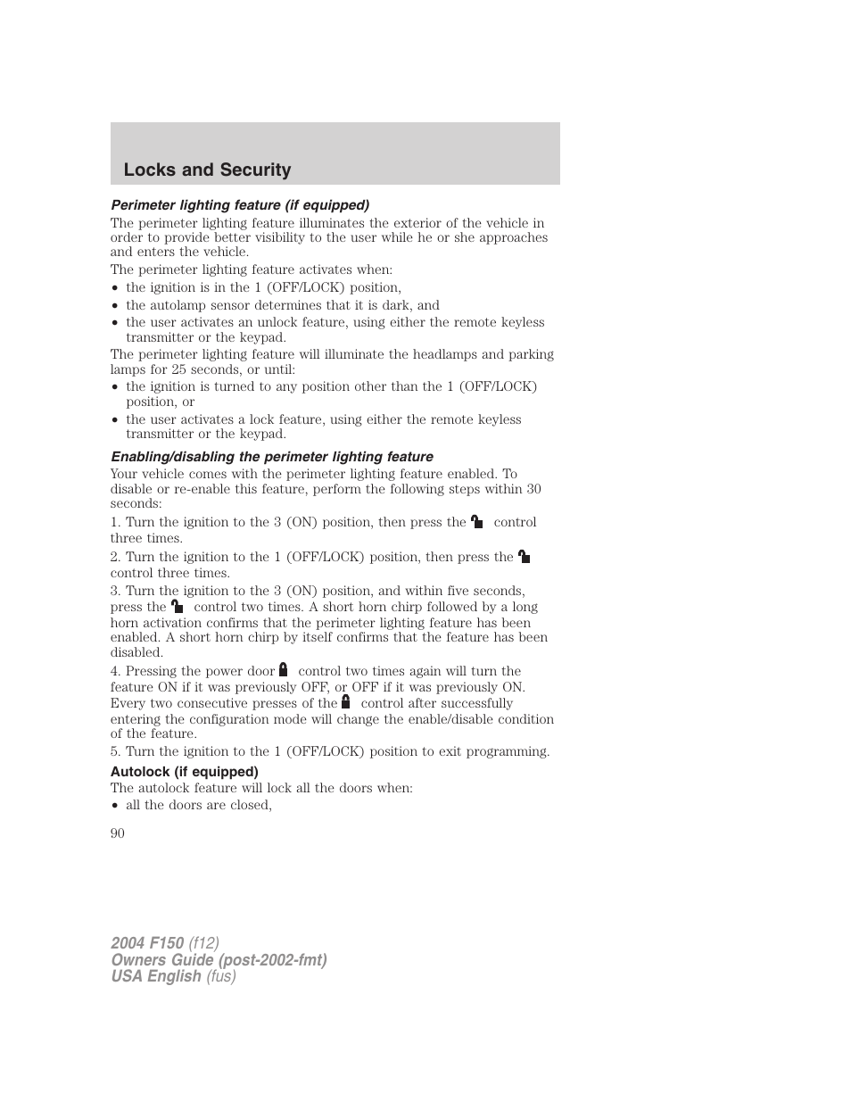 Locks and security | FORD 2004 F-150 v.3 User Manual | Page 90 / 304