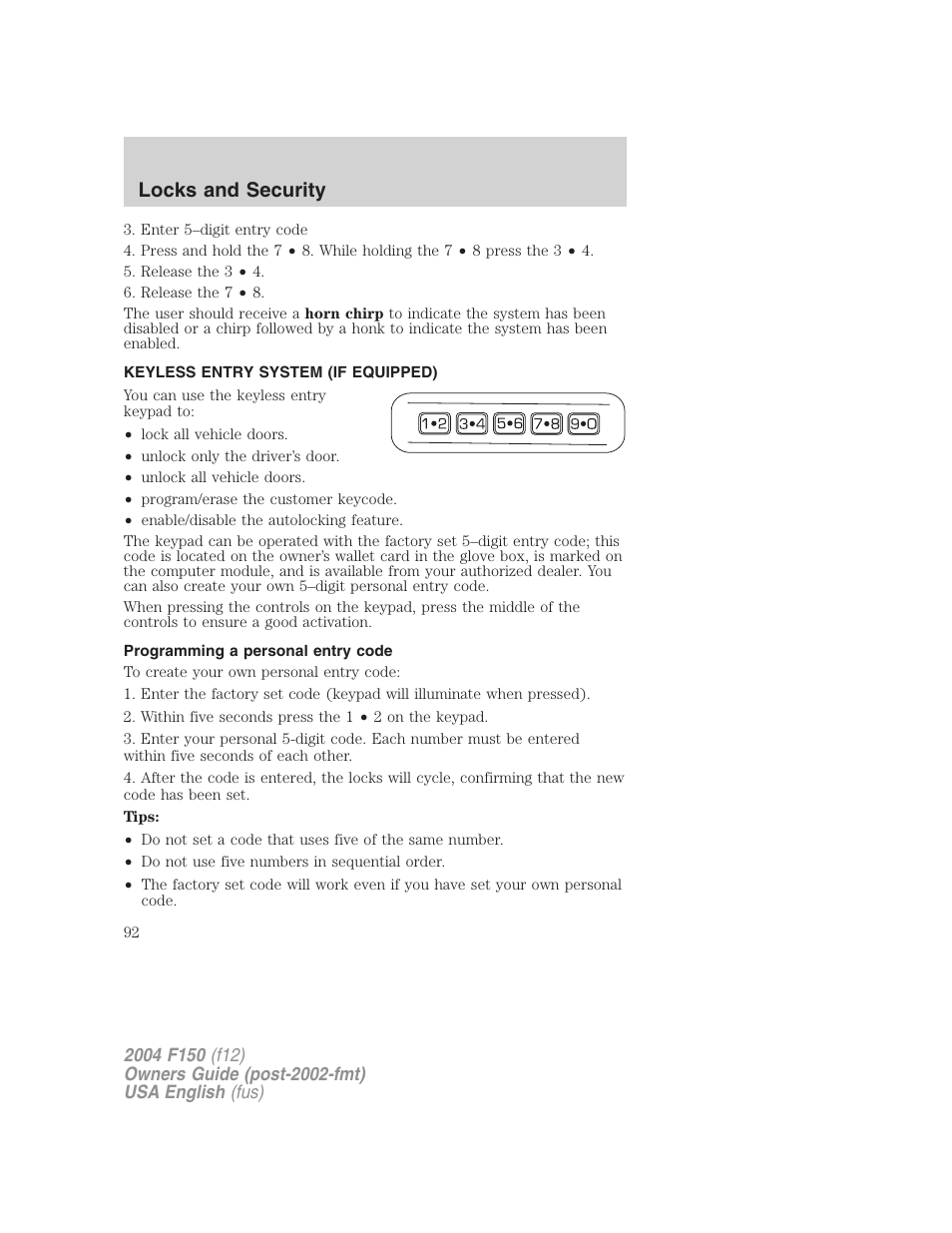 Locks and security | FORD 2004 F-150 v.3 User Manual | Page 92 / 304