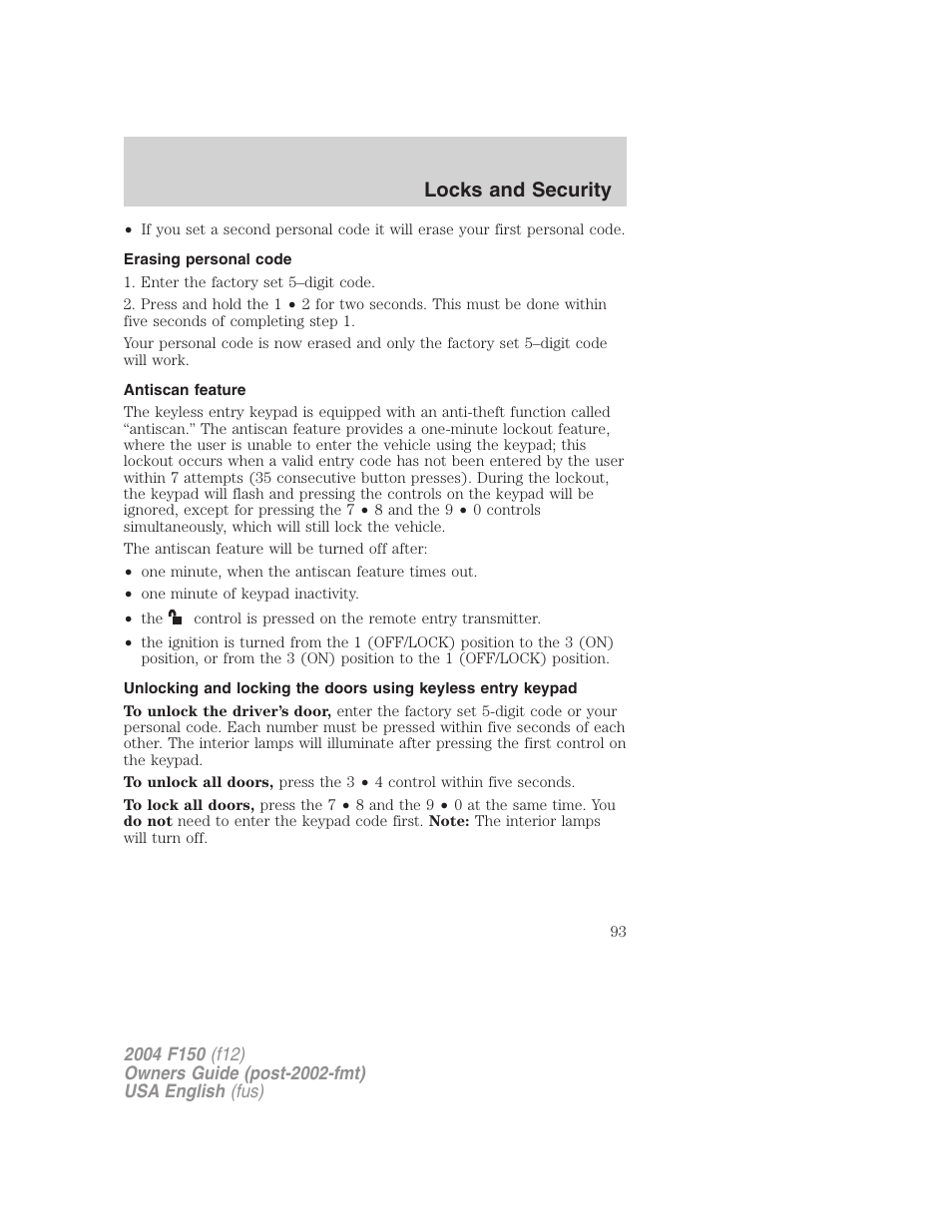 Locks and security | FORD 2004 F-150 v.3 User Manual | Page 93 / 304