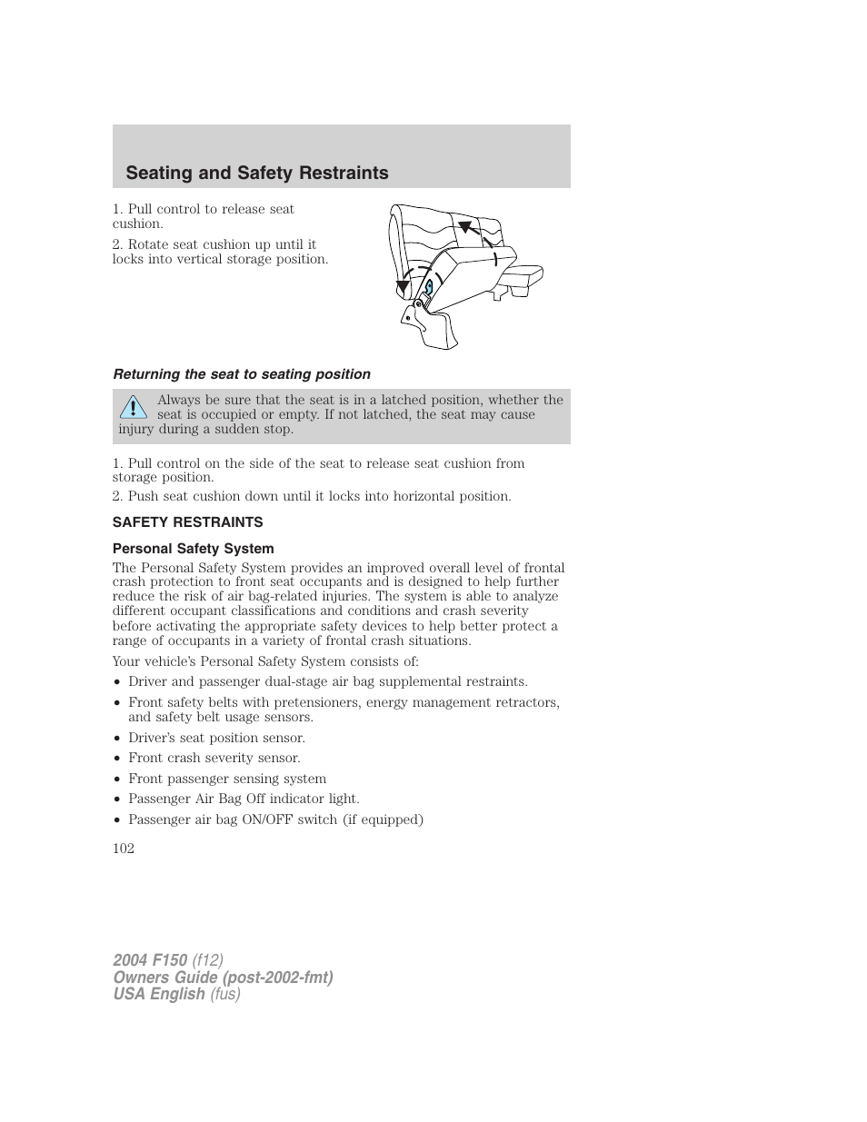 Seating and safety restraints | FORD 2004 F-150 v.4 User Manual | Page 102 / 296