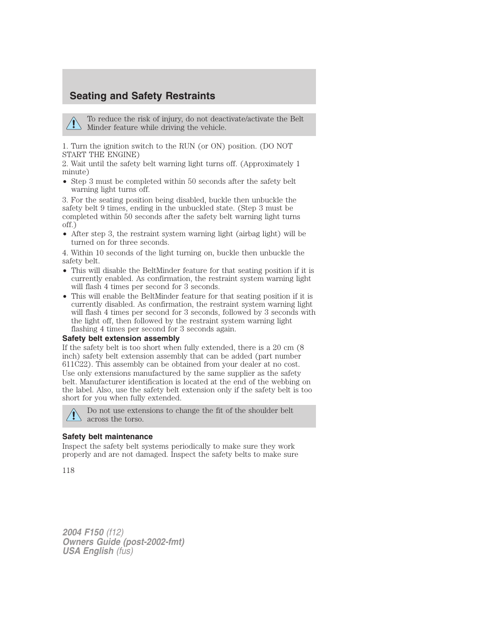 Seating and safety restraints | FORD 2004 F-150 v.4 User Manual | Page 118 / 296