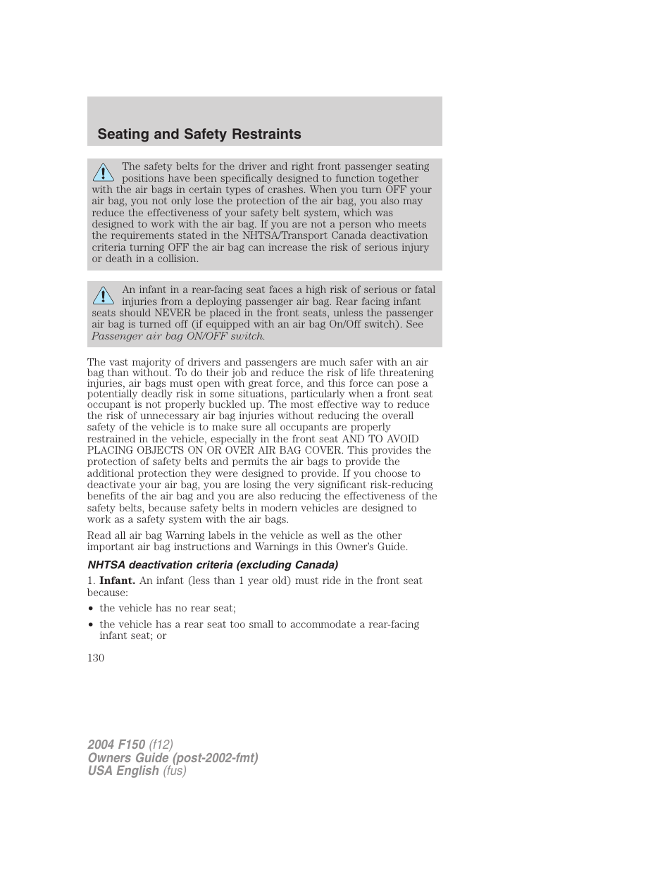 Seating and safety restraints | FORD 2004 F-150 v.4 User Manual | Page 130 / 296