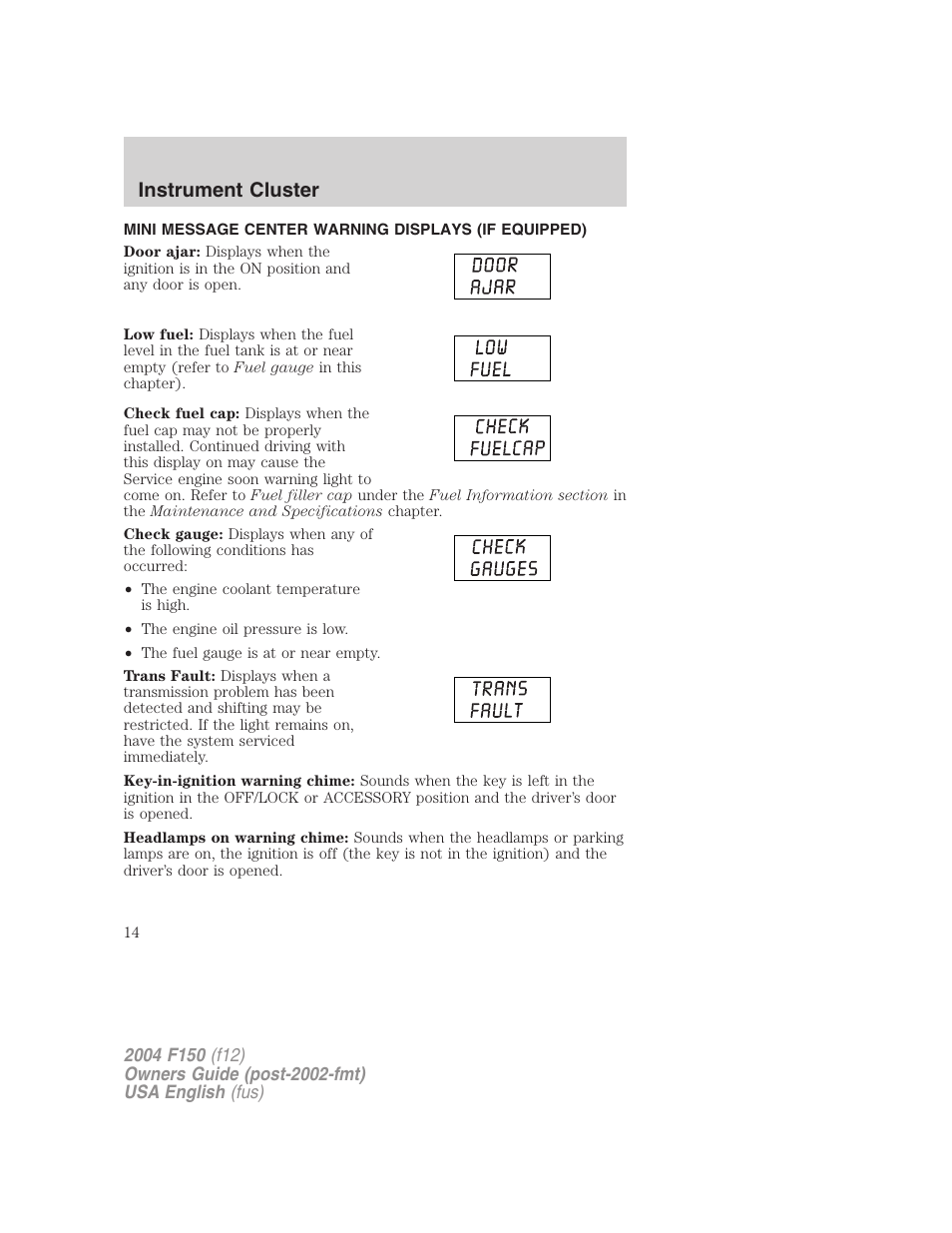 Instrument cluster | FORD 2004 F-150 v.4 User Manual | Page 14 / 296