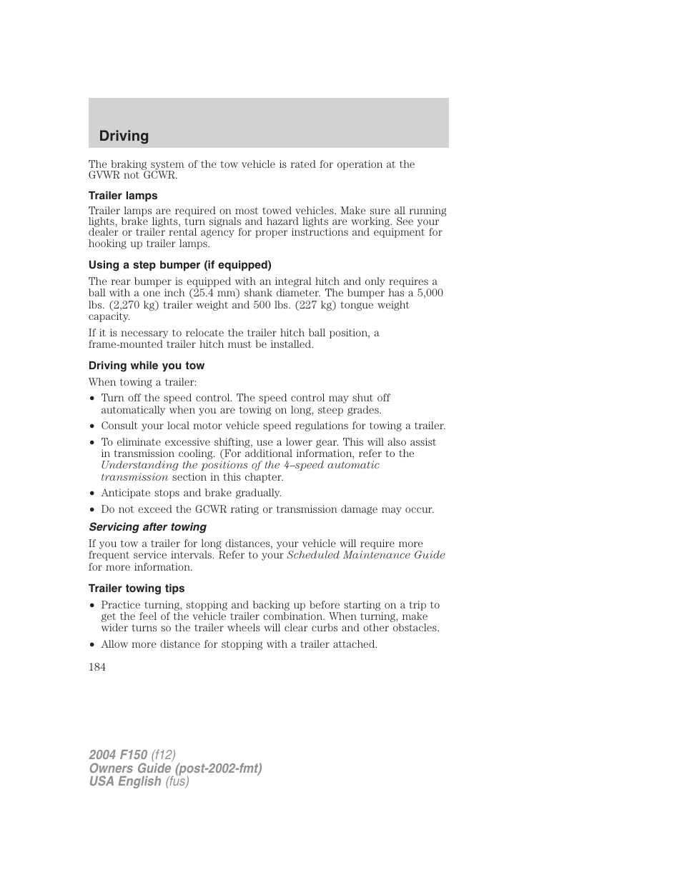 Driving | FORD 2004 F-150 v.4 User Manual | Page 184 / 296