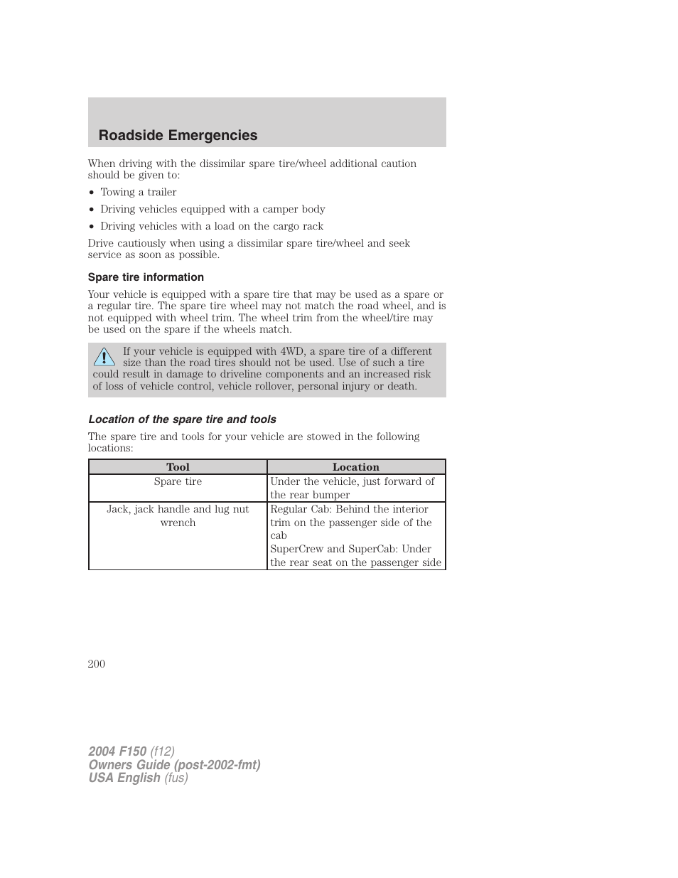 Roadside emergencies | FORD 2004 F-150 v.4 User Manual | Page 200 / 296