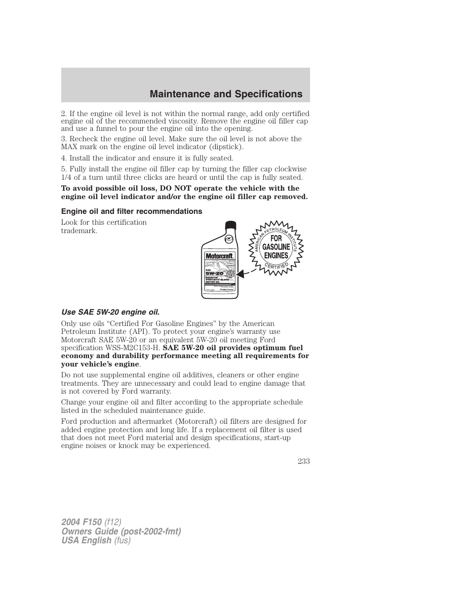 Maintenance and specifications | FORD 2004 F-150 v.4 User Manual | Page 233 / 296