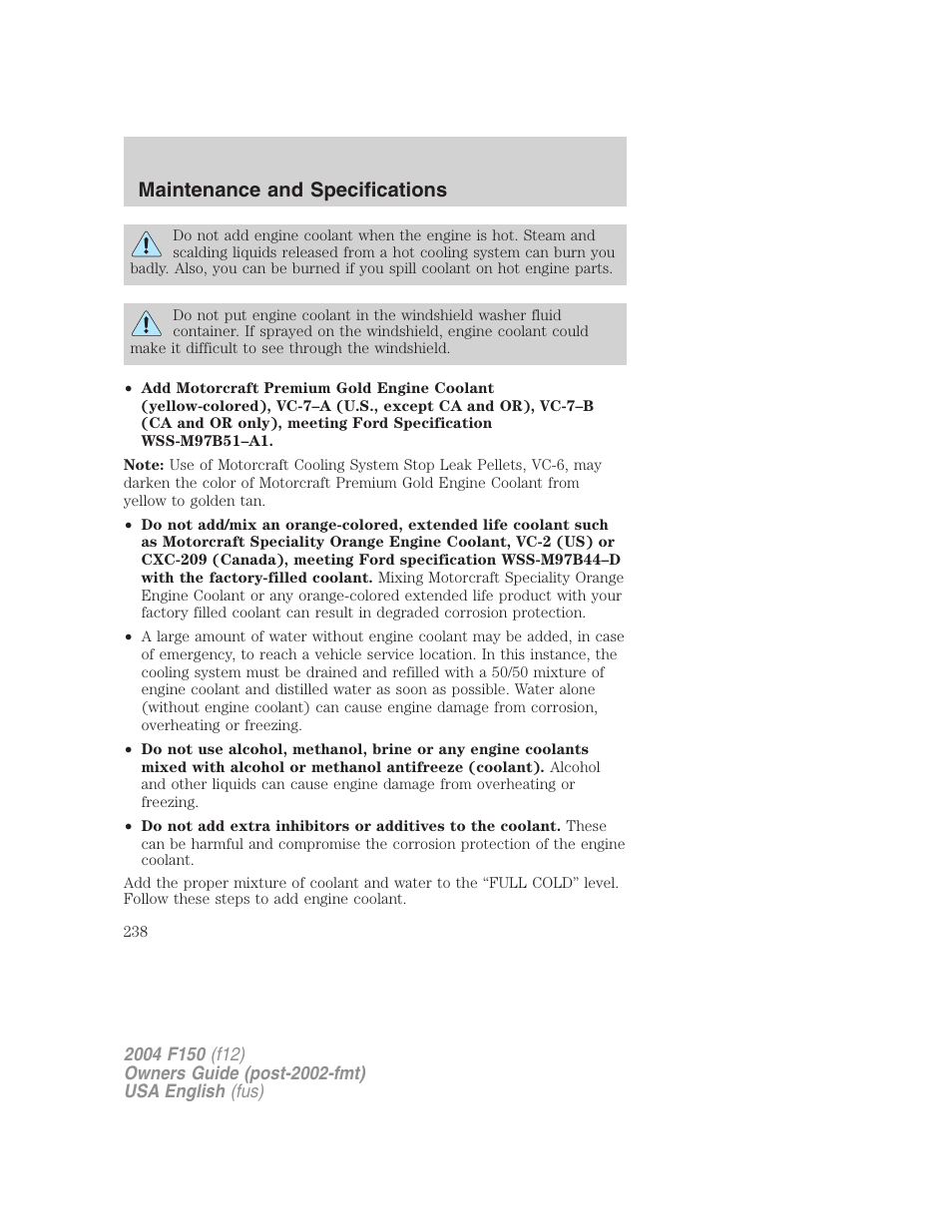 Maintenance and specifications | FORD 2004 F-150 v.4 User Manual | Page 238 / 296