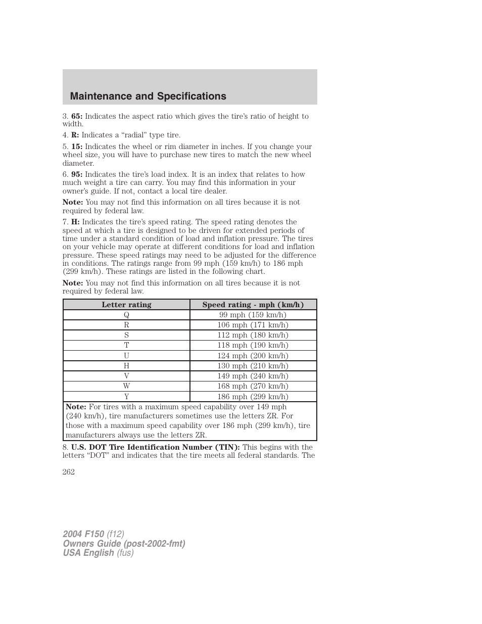 Maintenance and specifications | FORD 2004 F-150 v.4 User Manual | Page 262 / 296