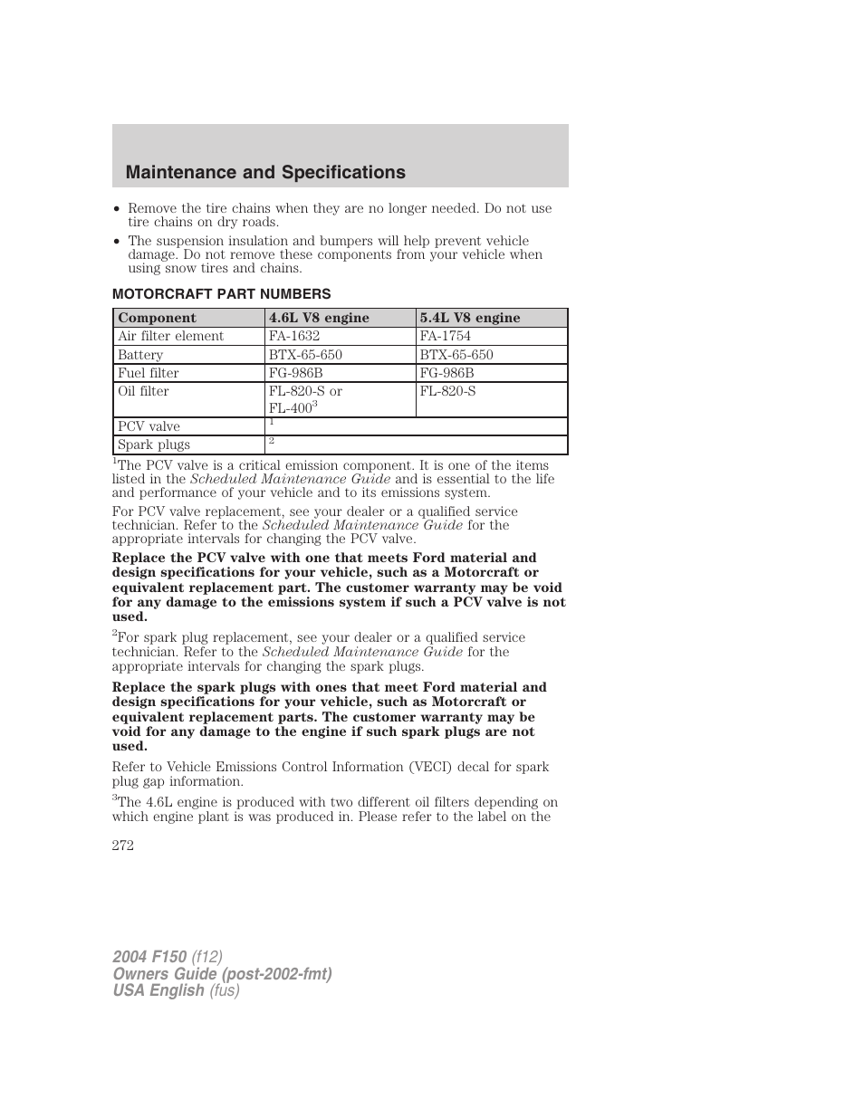 Maintenance and specifications | FORD 2004 F-150 v.4 User Manual | Page 272 / 296