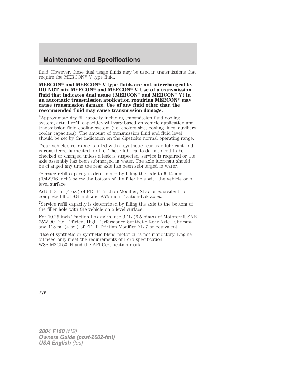 Maintenance and specifications | FORD 2004 F-150 v.4 User Manual | Page 276 / 296