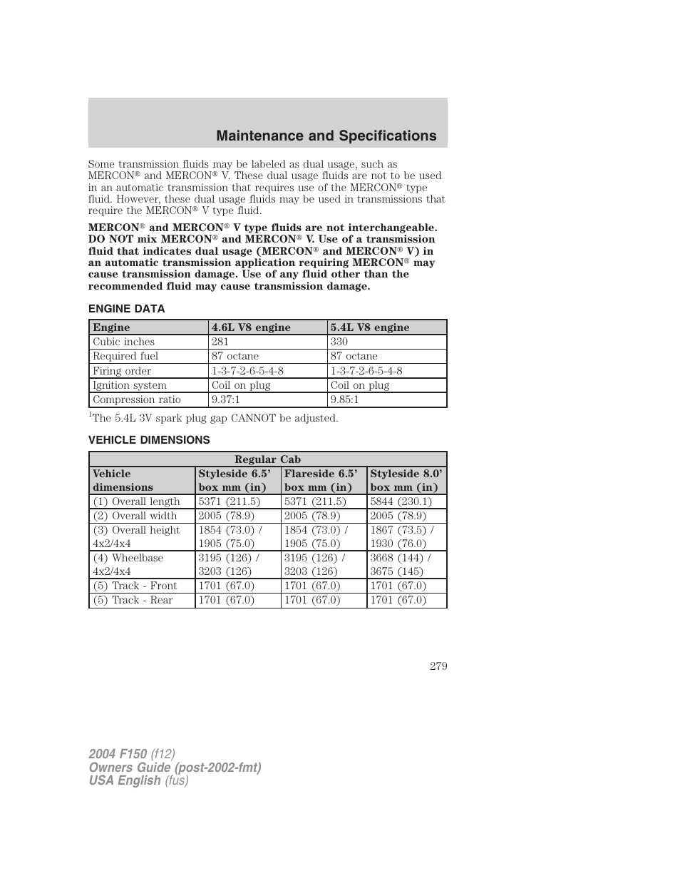 Maintenance and specifications | FORD 2004 F-150 v.4 User Manual | Page 279 / 296