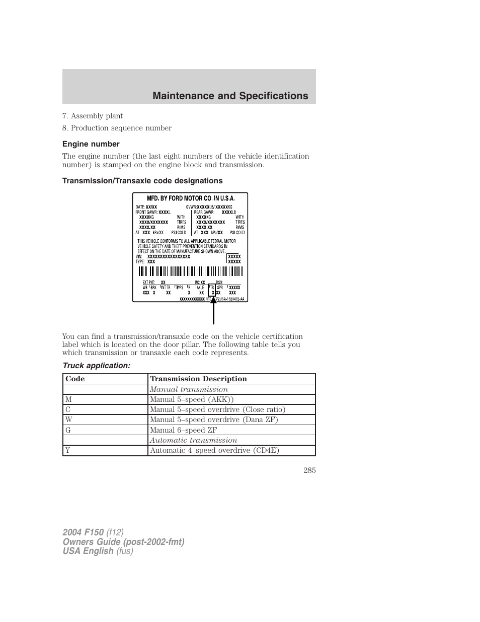 Maintenance and specifications | FORD 2004 F-150 v.4 User Manual | Page 285 / 296