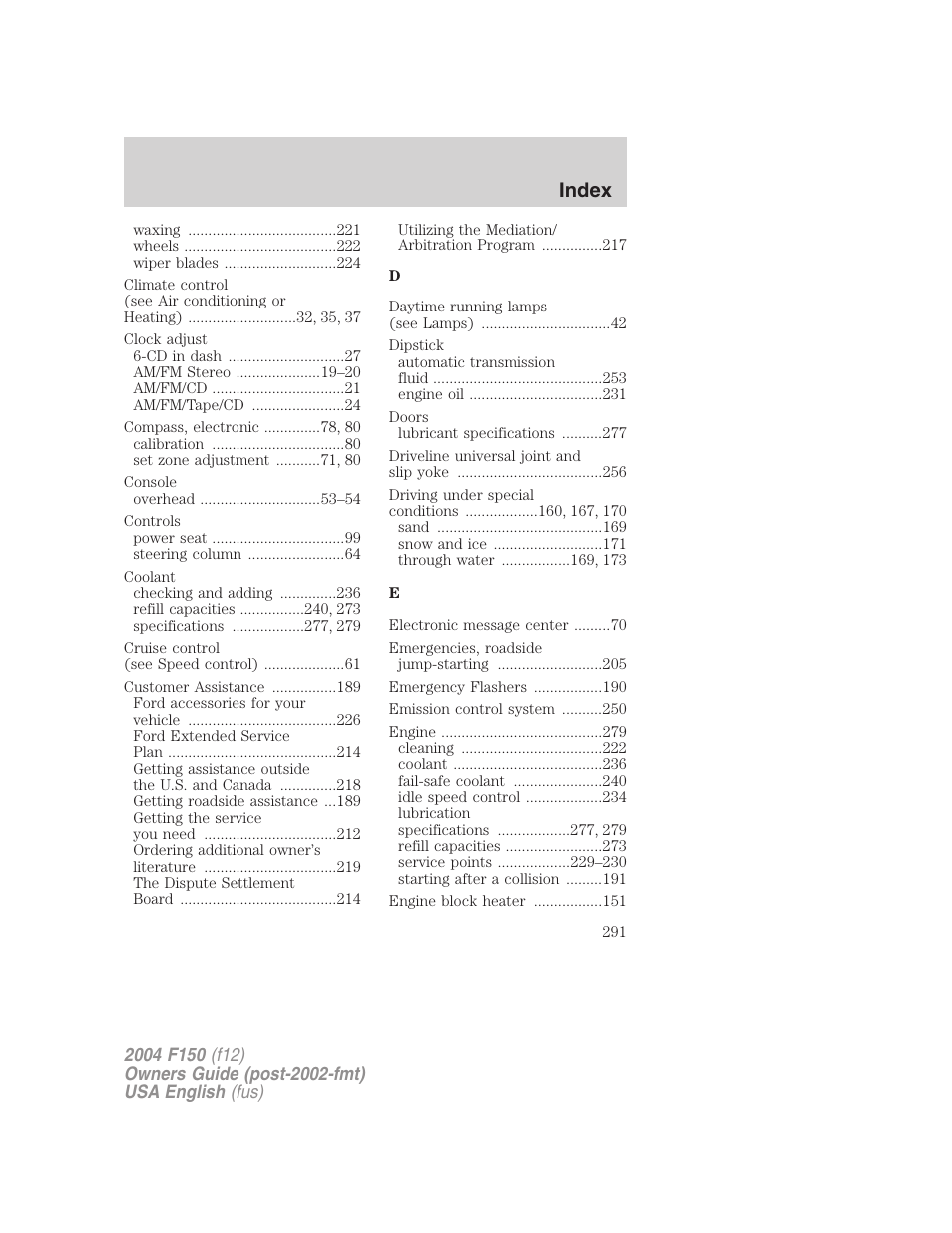 Index | FORD 2004 F-150 v.4 User Manual | Page 291 / 296