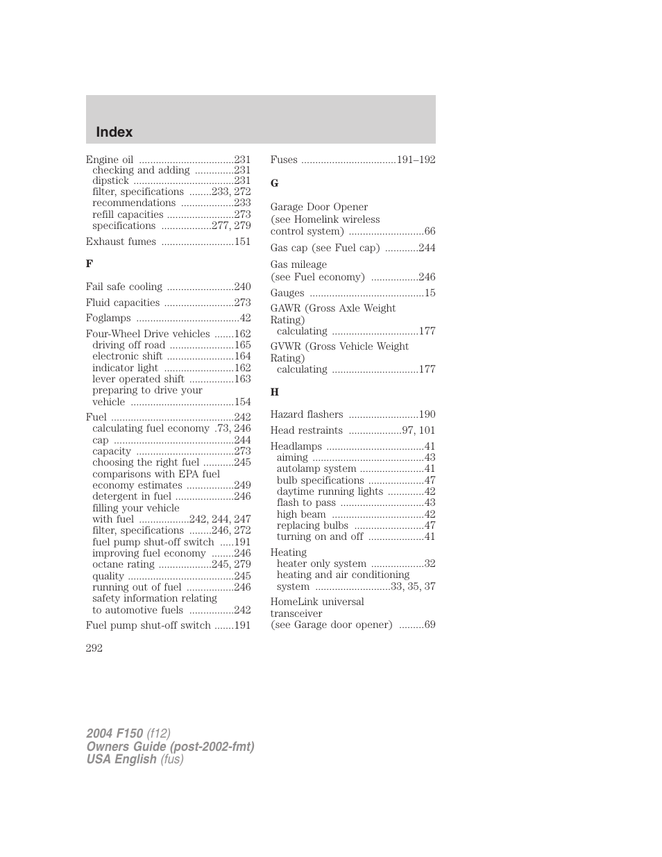 Index | FORD 2004 F-150 v.4 User Manual | Page 292 / 296