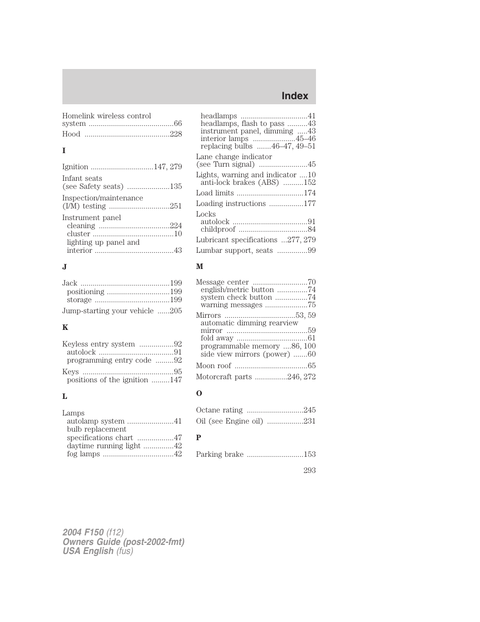 Index | FORD 2004 F-150 v.4 User Manual | Page 293 / 296