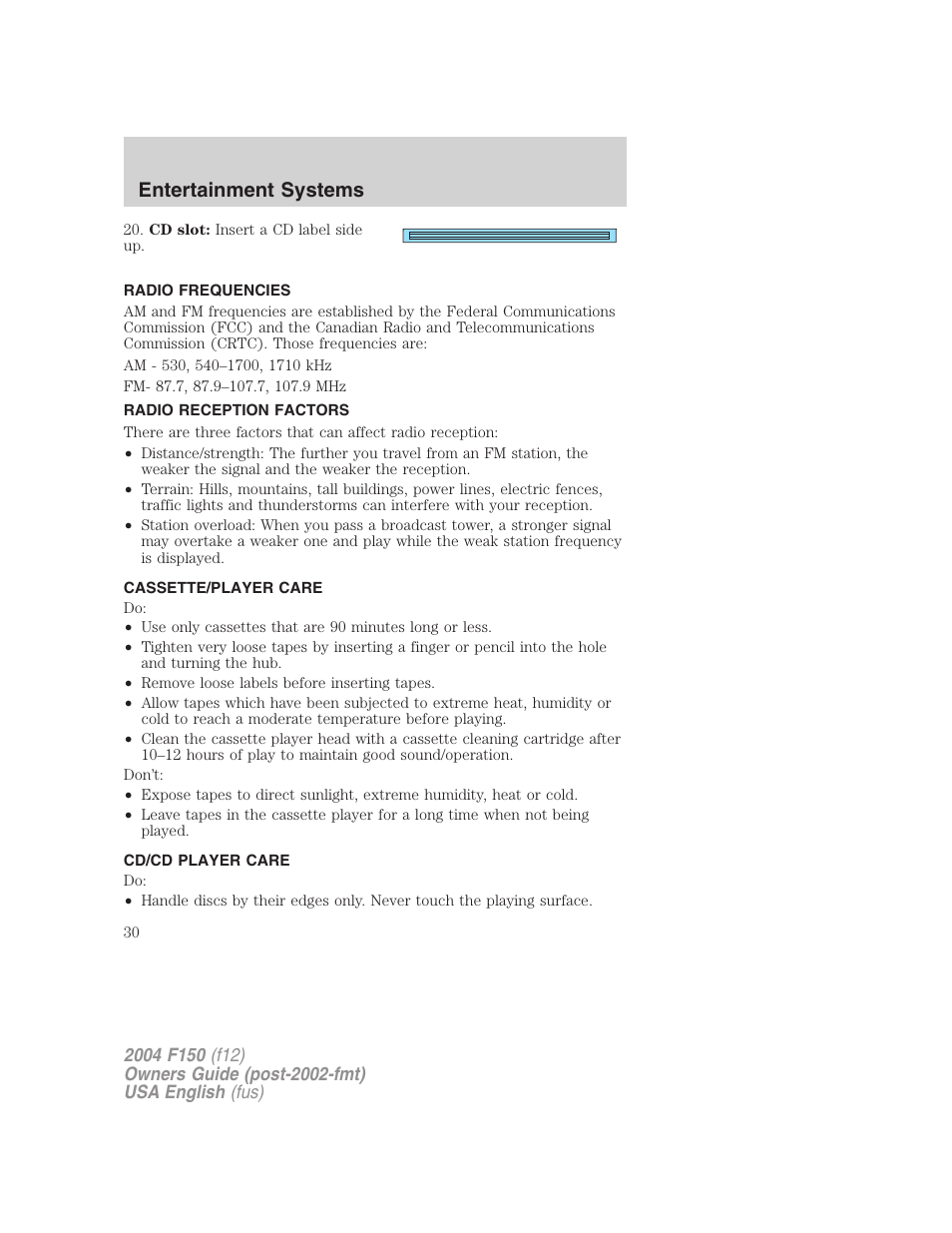 Entertainment systems | FORD 2004 F-150 v.4 User Manual | Page 30 / 296