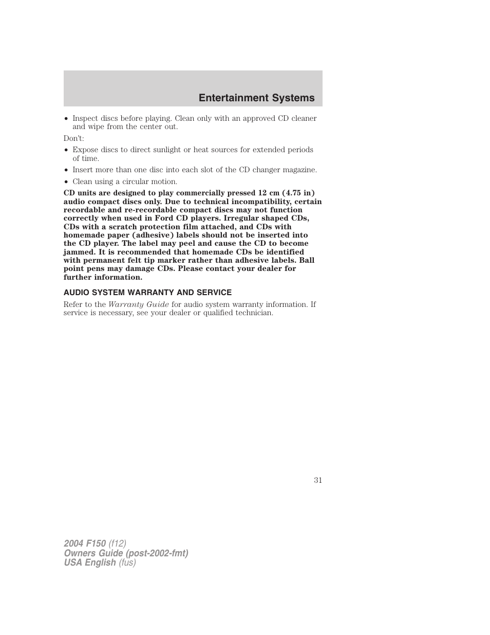 Entertainment systems | FORD 2004 F-150 v.4 User Manual | Page 31 / 296