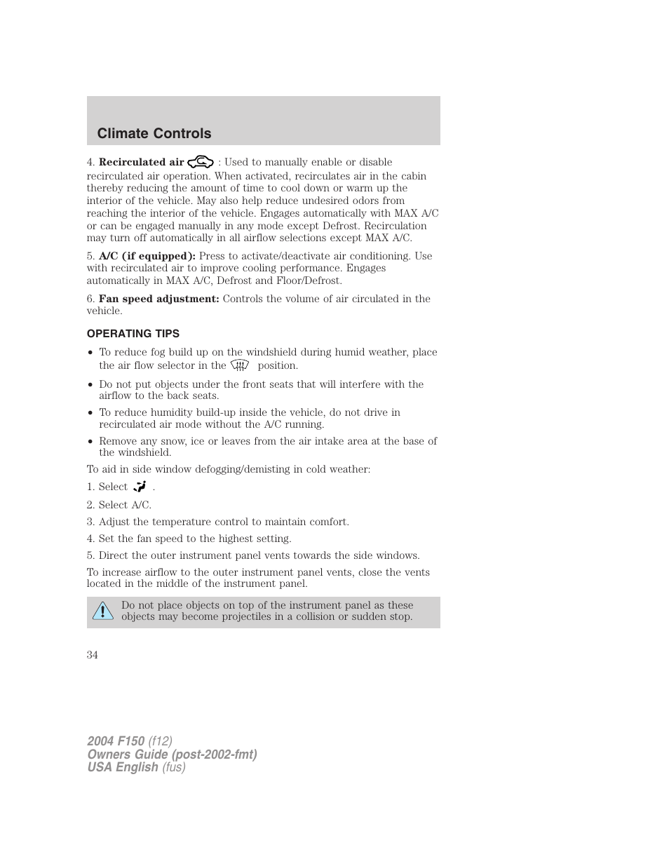 Climate controls | FORD 2004 F-150 v.4 User Manual | Page 34 / 296