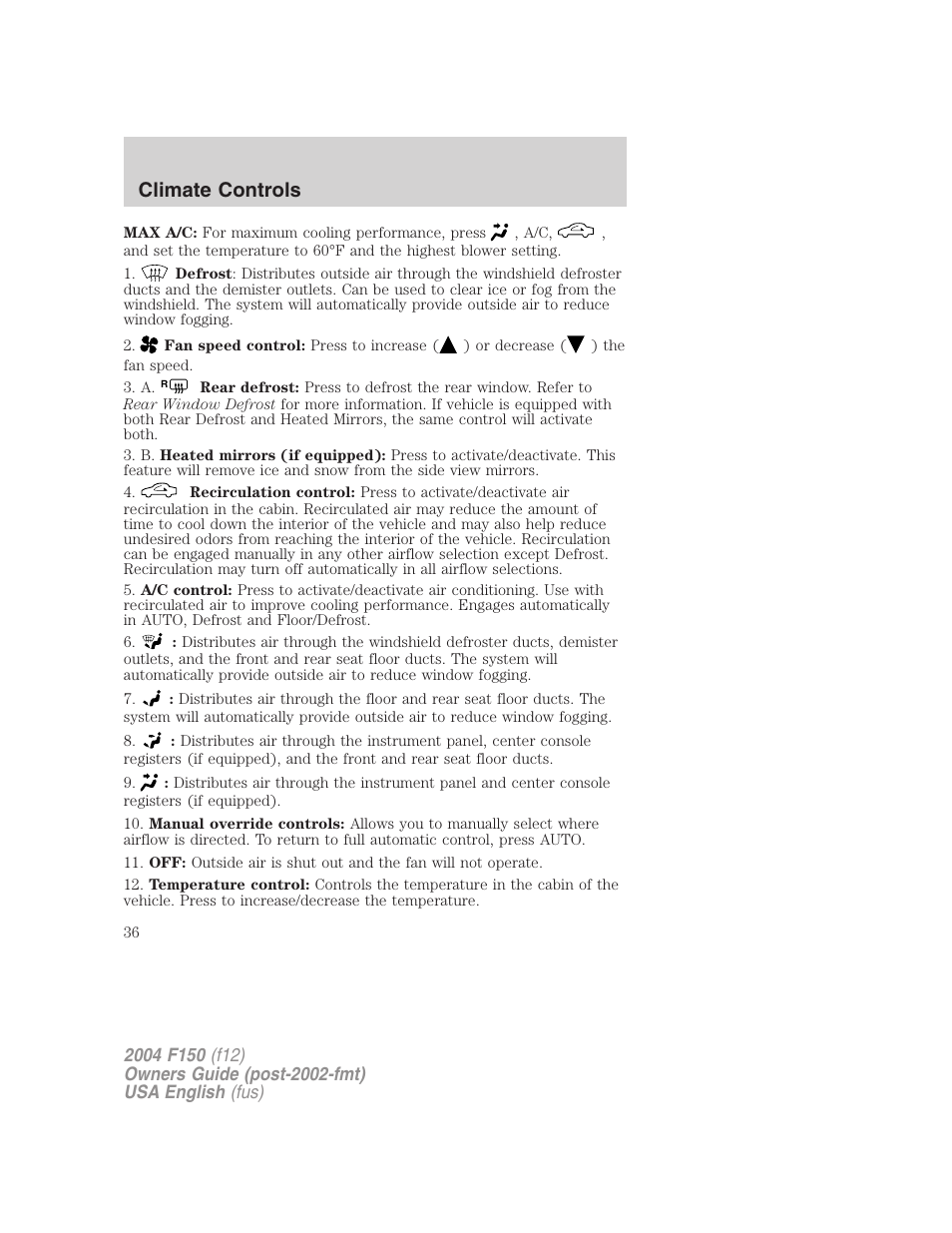 Climate controls | FORD 2004 F-150 v.4 User Manual | Page 36 / 296