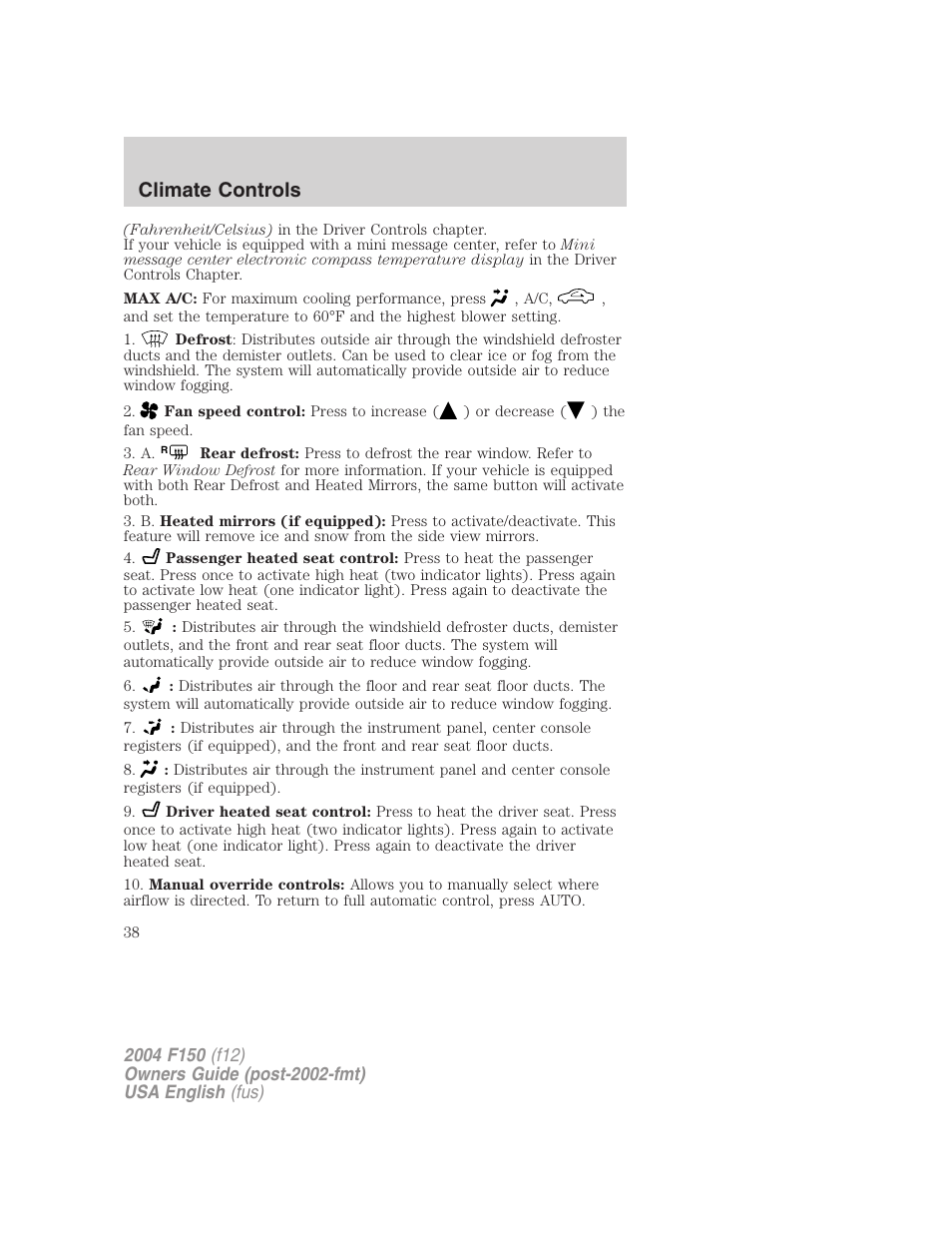 Climate controls | FORD 2004 F-150 v.4 User Manual | Page 38 / 296