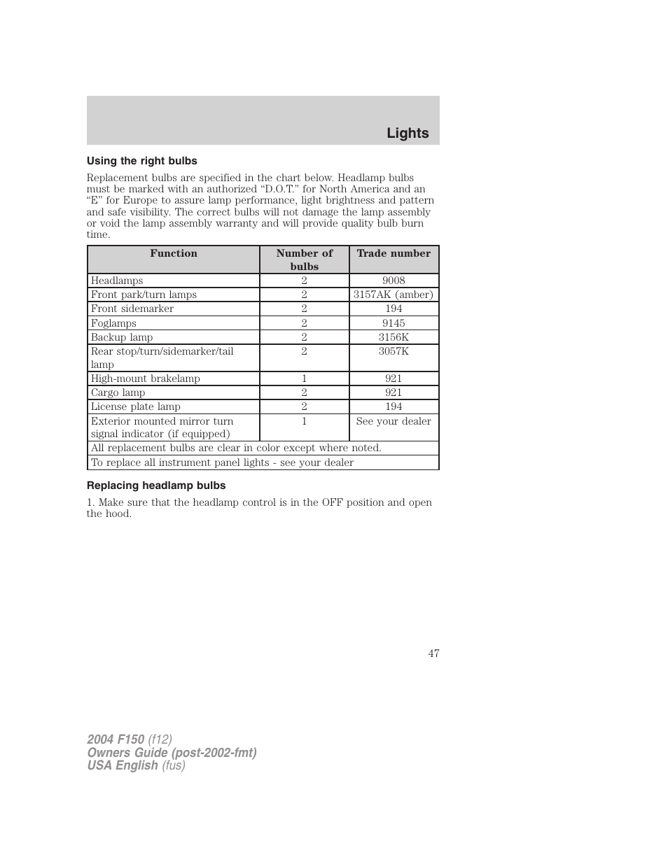 Lights | FORD 2004 F-150 v.4 User Manual | Page 47 / 296