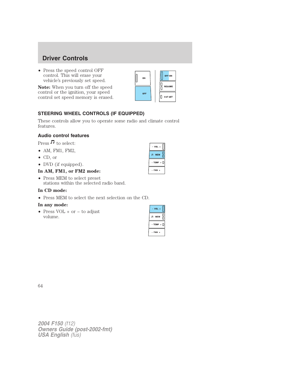 Driver controls | FORD 2004 F-150 v.4 User Manual | Page 64 / 296