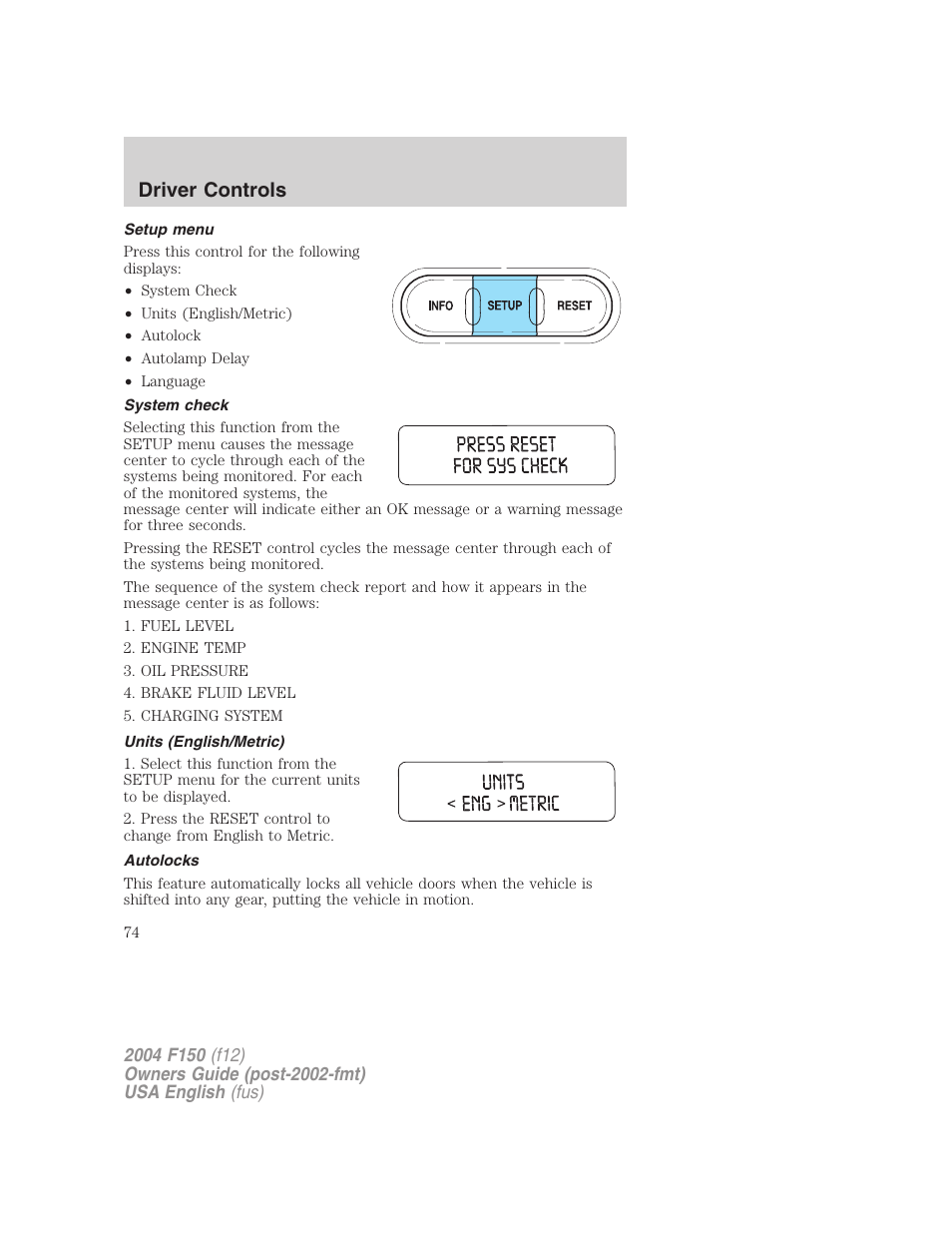 Driver controls | FORD 2004 F-150 v.4 User Manual | Page 74 / 296