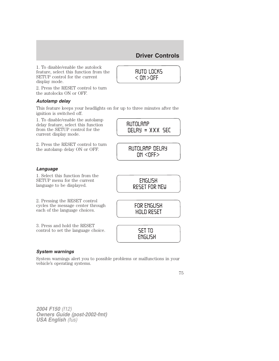 Driver controls | FORD 2004 F-150 v.4 User Manual | Page 75 / 296