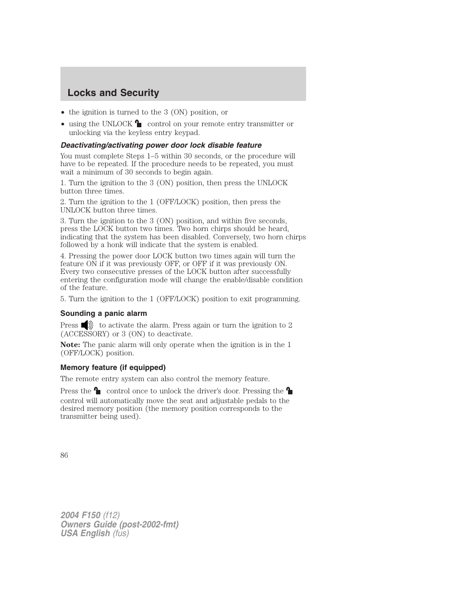 Locks and security | FORD 2004 F-150 v.4 User Manual | Page 86 / 296