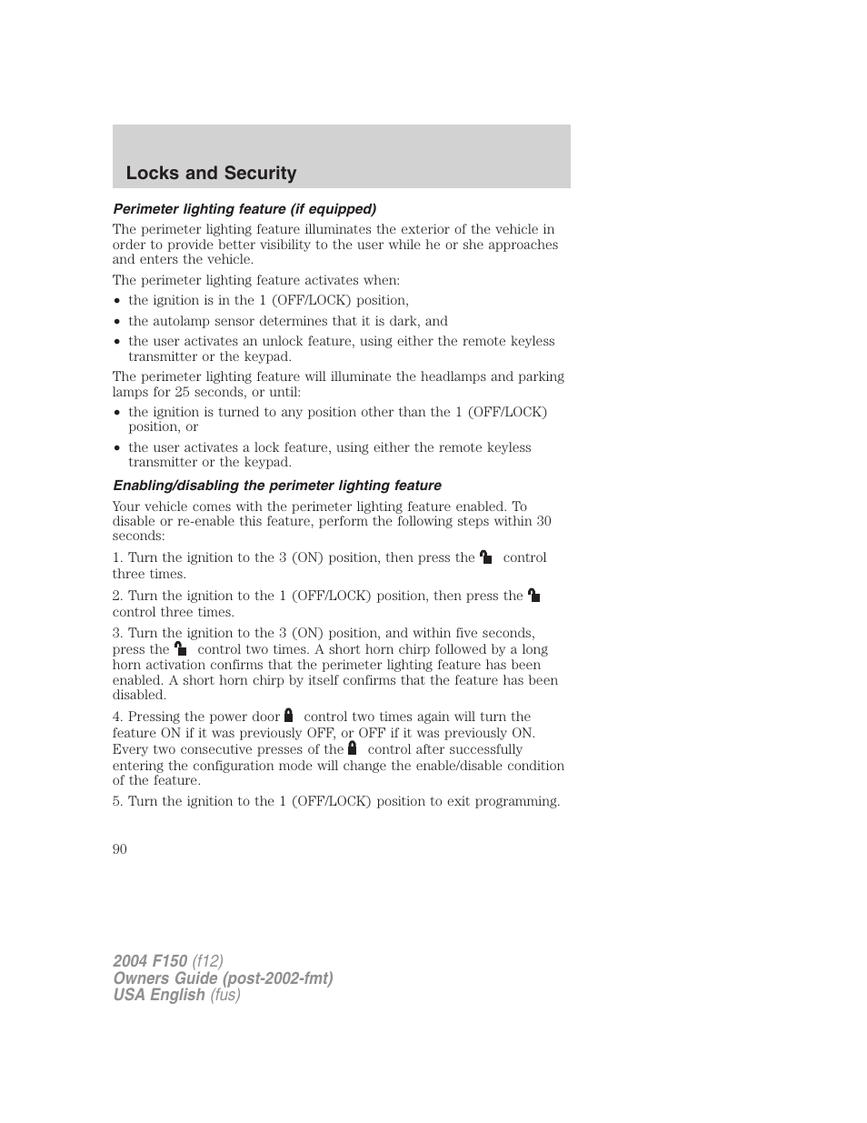 Locks and security | FORD 2004 F-150 v.4 User Manual | Page 90 / 296