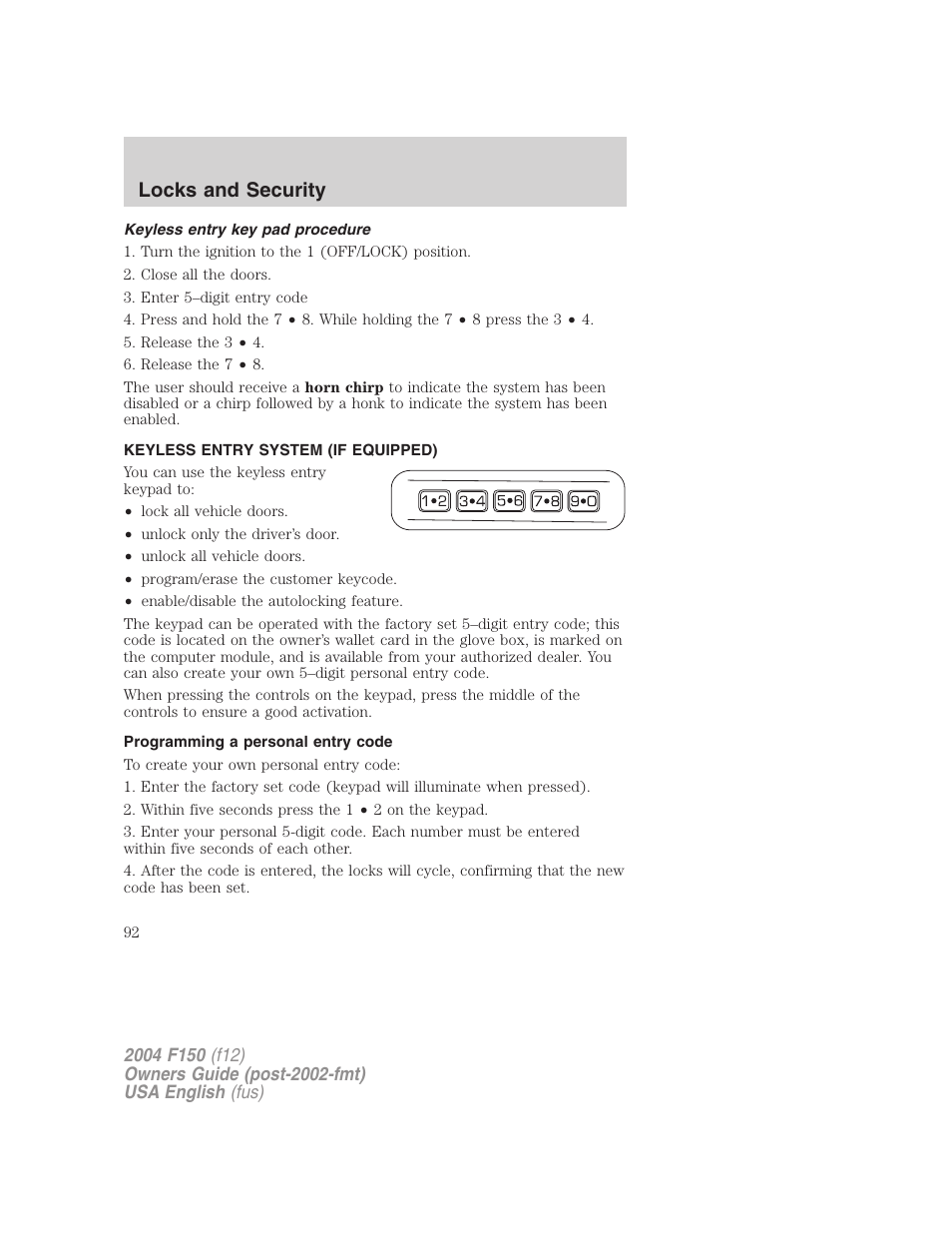 Locks and security | FORD 2004 F-150 v.4 User Manual | Page 92 / 296