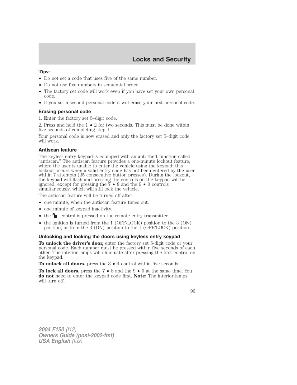 Locks and security | FORD 2004 F-150 v.4 User Manual | Page 93 / 296