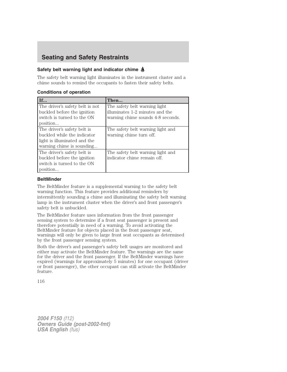 Seating and safety restraints | FORD 2004 F-150 v.5 User Manual | Page 116 / 304