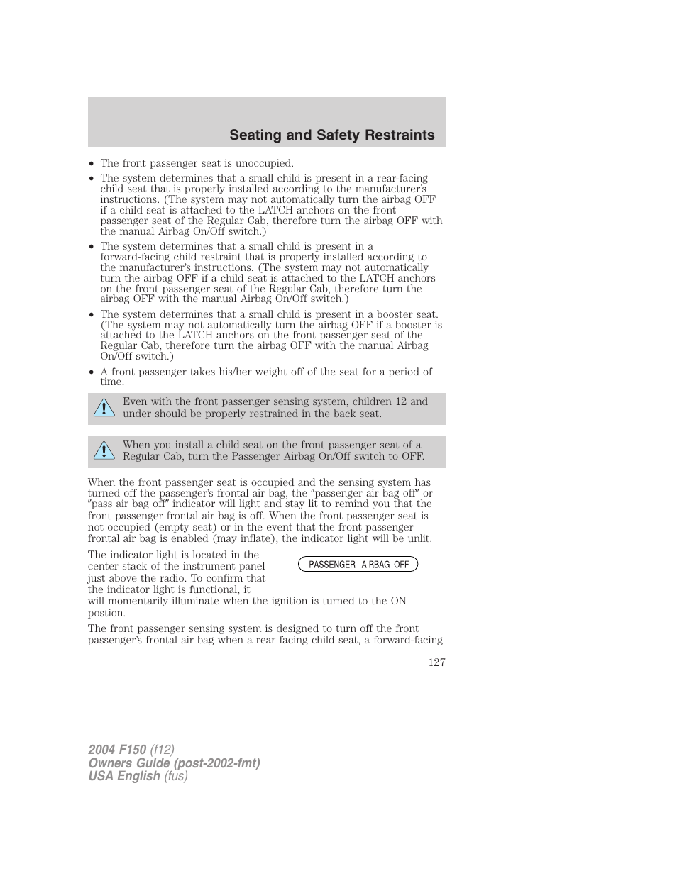 Seating and safety restraints | FORD 2004 F-150 v.5 User Manual | Page 127 / 304