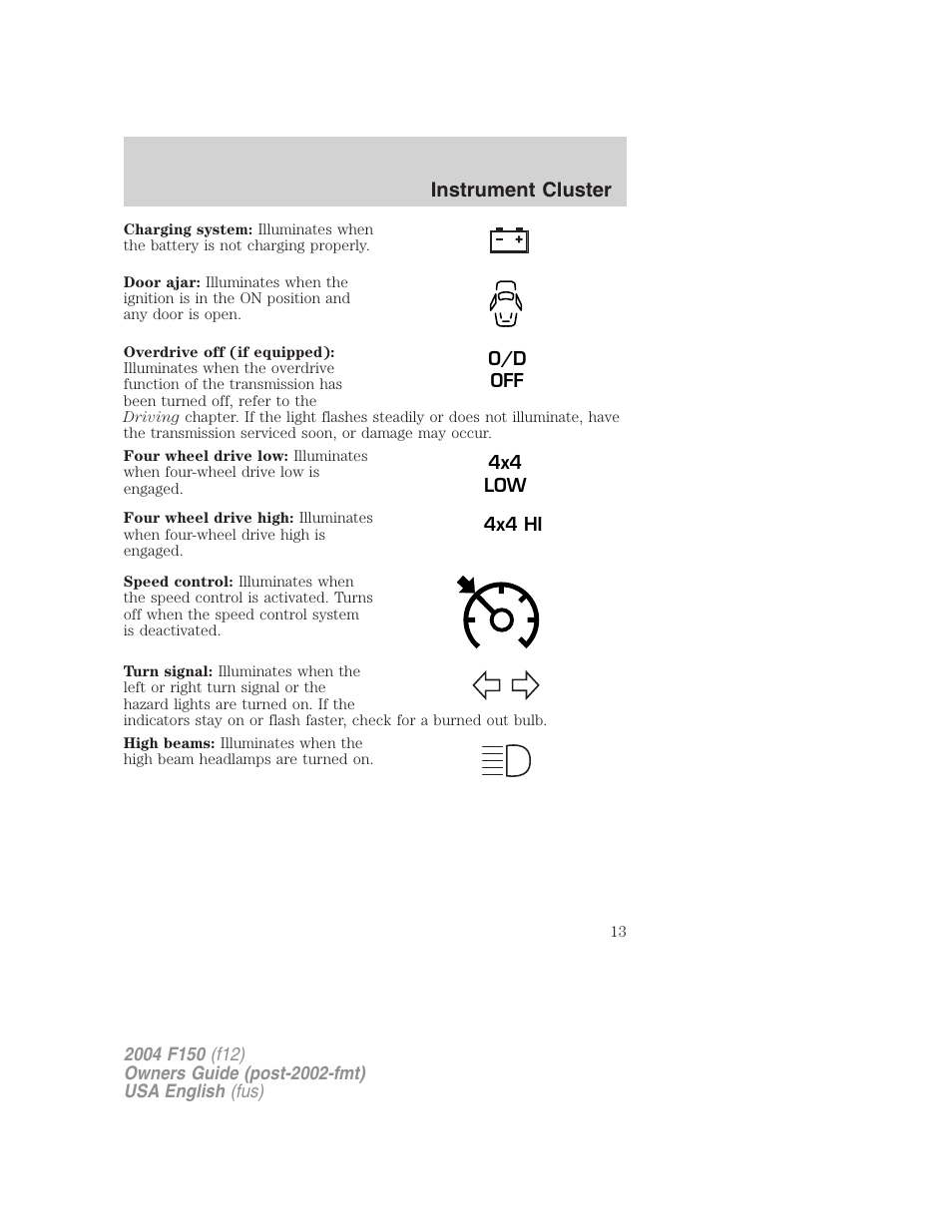 Instrument cluster | FORD 2004 F-150 v.5 User Manual | Page 13 / 304