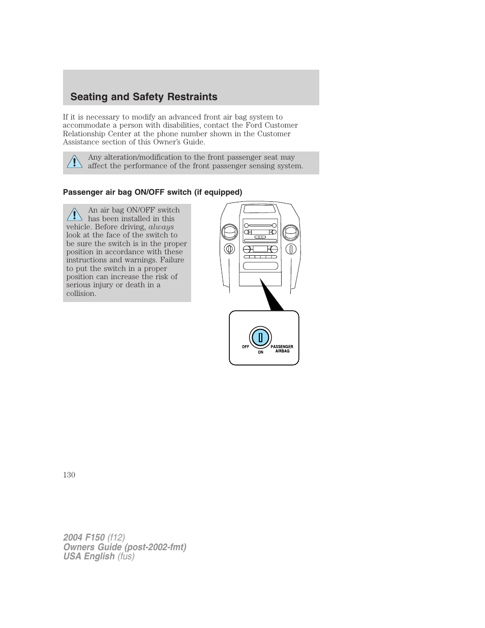Seating and safety restraints | FORD 2004 F-150 v.5 User Manual | Page 130 / 304