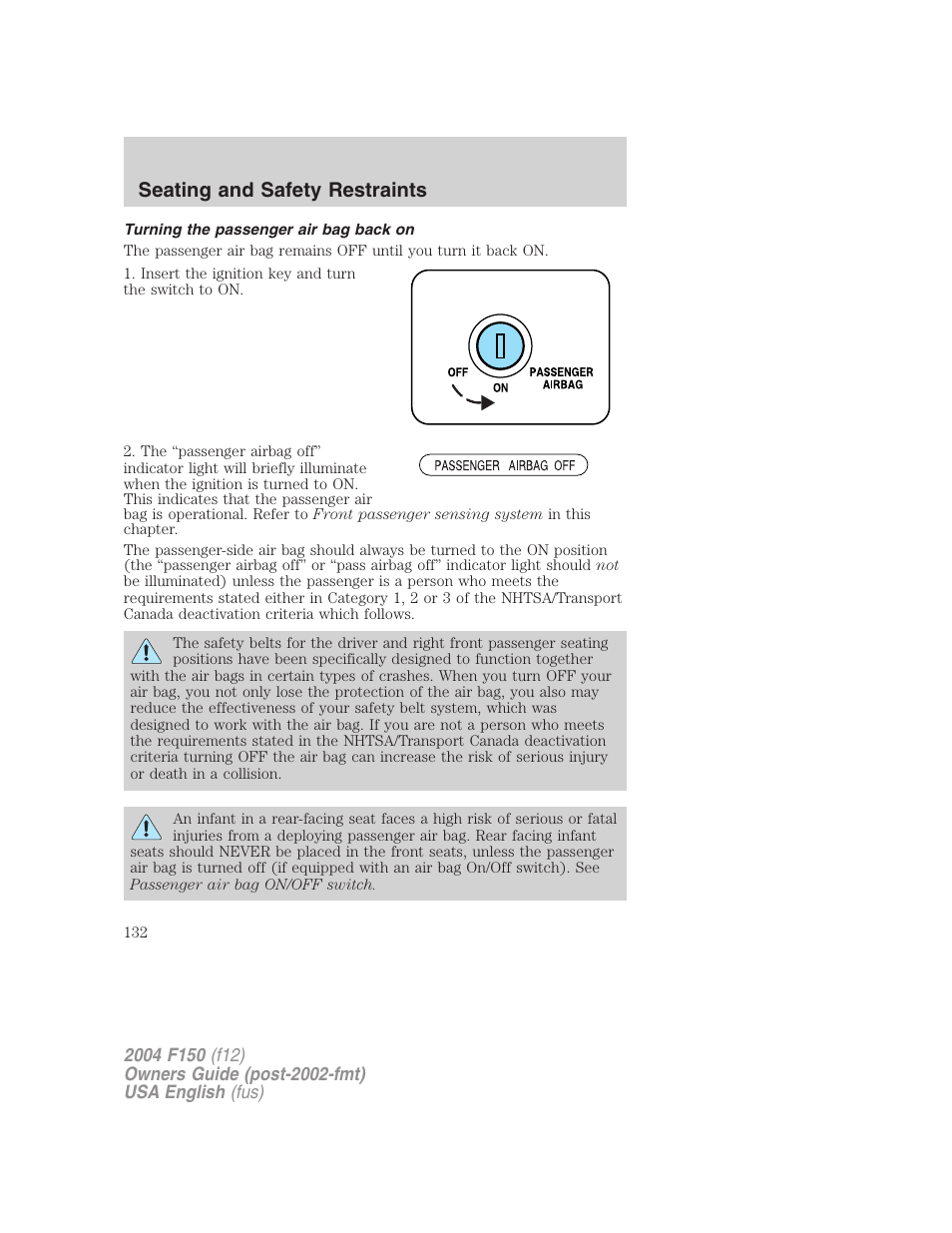Seating and safety restraints | FORD 2004 F-150 v.5 User Manual | Page 132 / 304