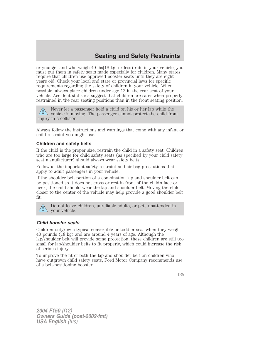 Seating and safety restraints | FORD 2004 F-150 v.5 User Manual | Page 135 / 304