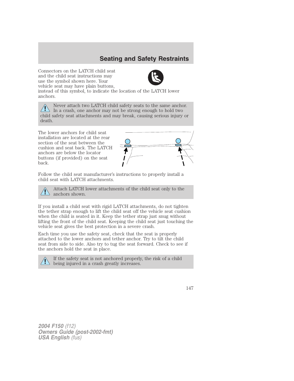 Seating and safety restraints | FORD 2004 F-150 v.5 User Manual | Page 147 / 304