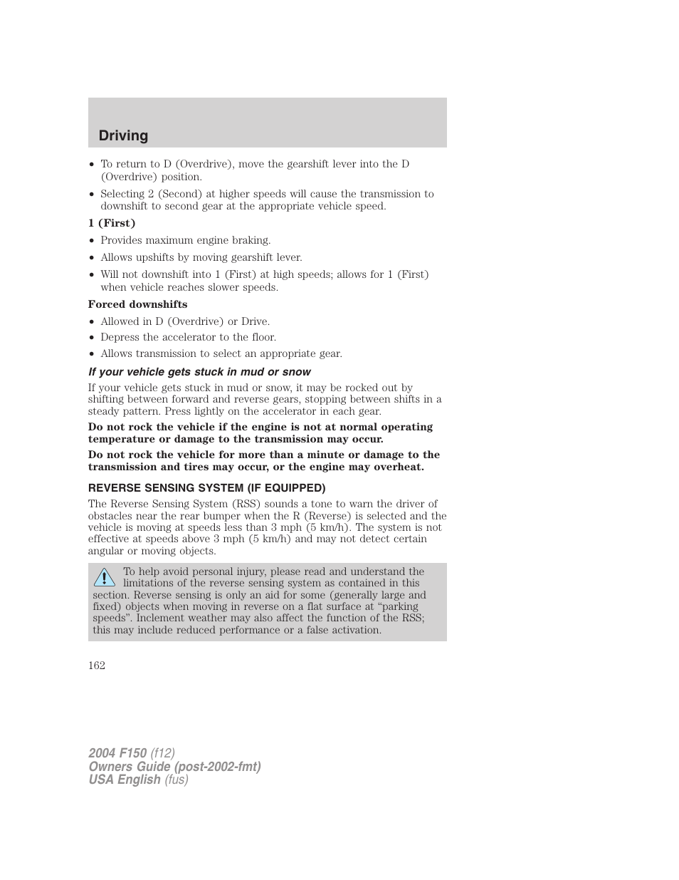 Driving | FORD 2004 F-150 v.5 User Manual | Page 162 / 304