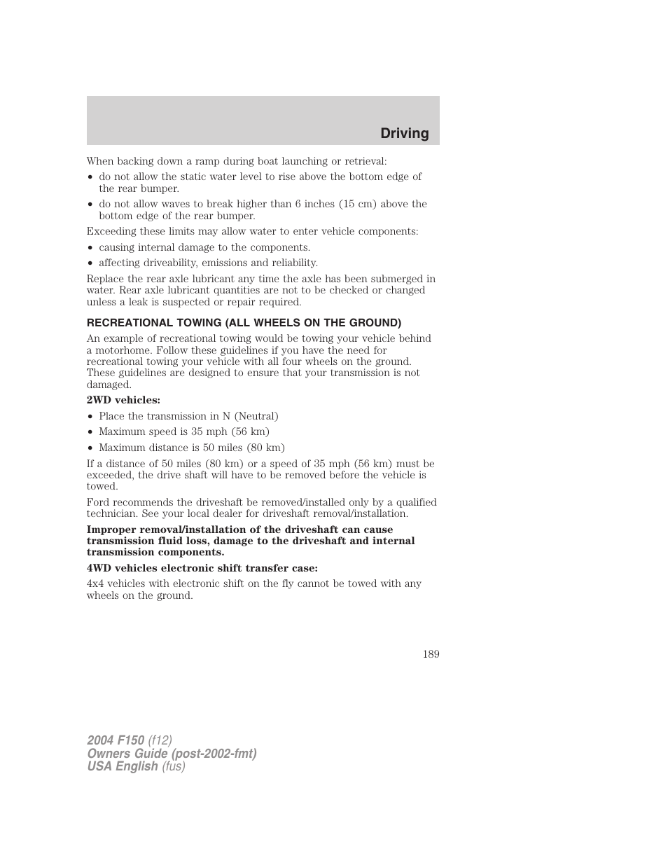Driving | FORD 2004 F-150 v.5 User Manual | Page 189 / 304