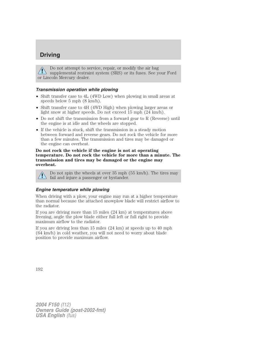 Driving | FORD 2004 F-150 v.5 User Manual | Page 192 / 304