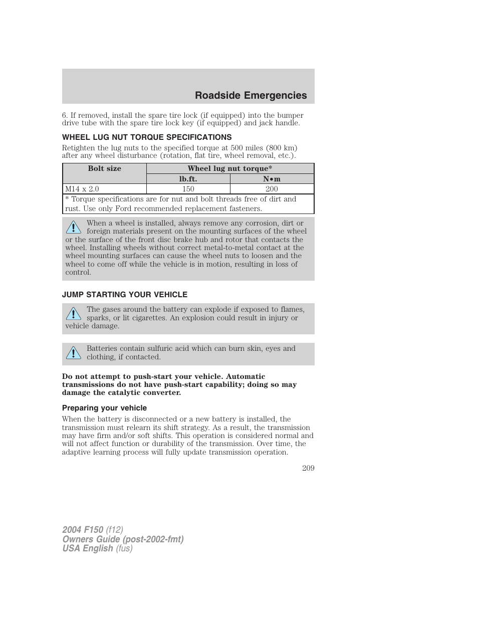 Roadside emergencies | FORD 2004 F-150 v.5 User Manual | Page 209 / 304