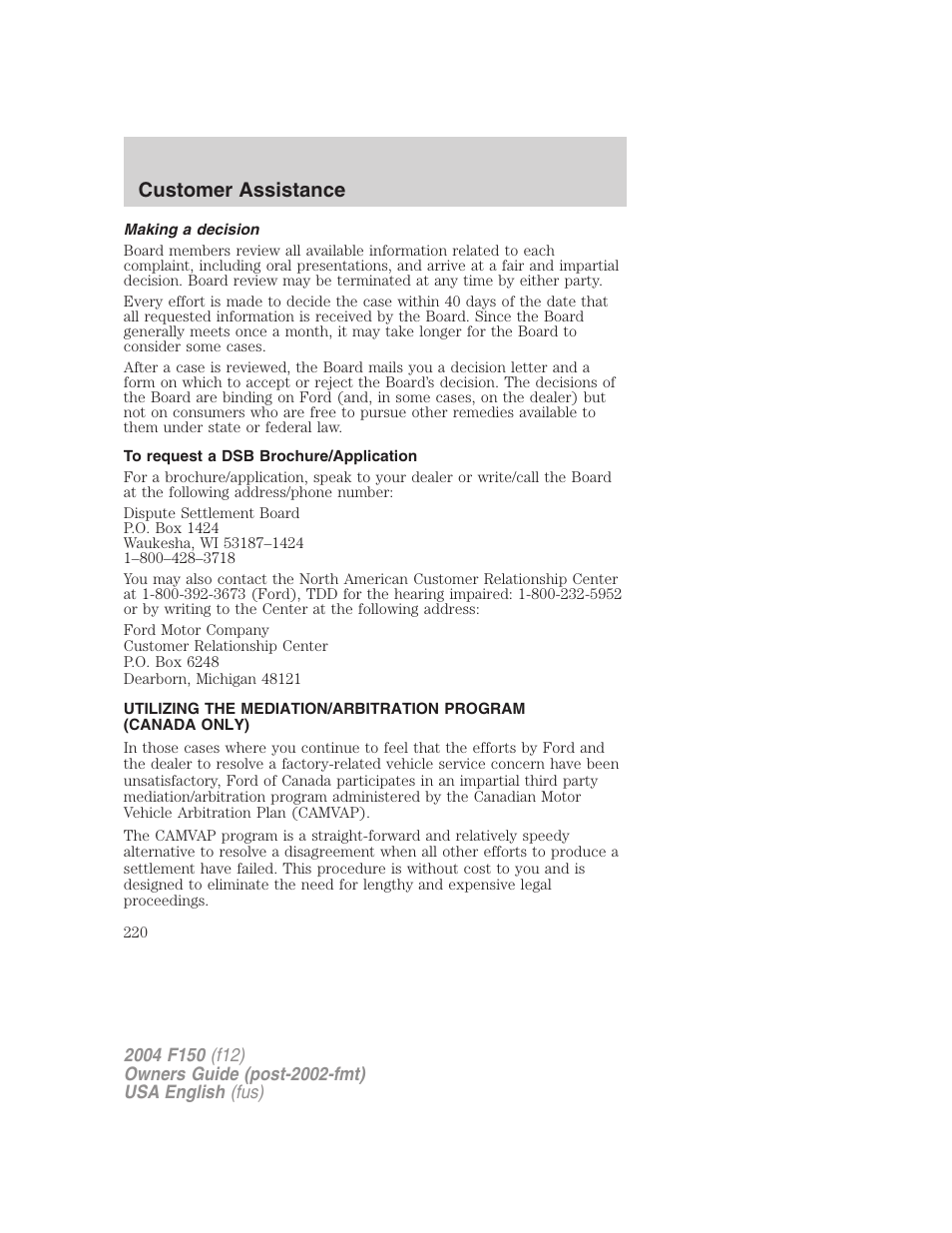 Customer assistance | FORD 2004 F-150 v.5 User Manual | Page 220 / 304