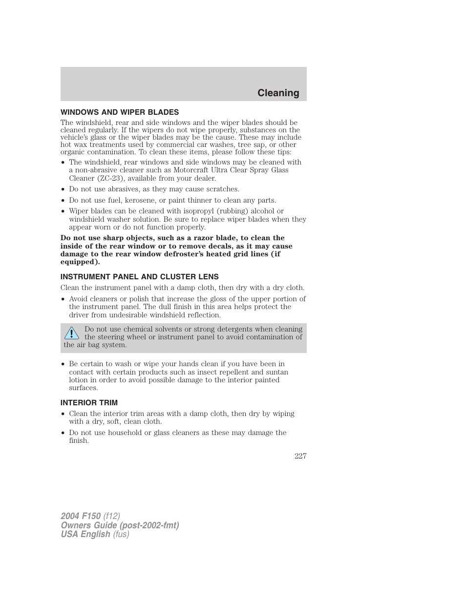 Cleaning | FORD 2004 F-150 v.5 User Manual | Page 227 / 304