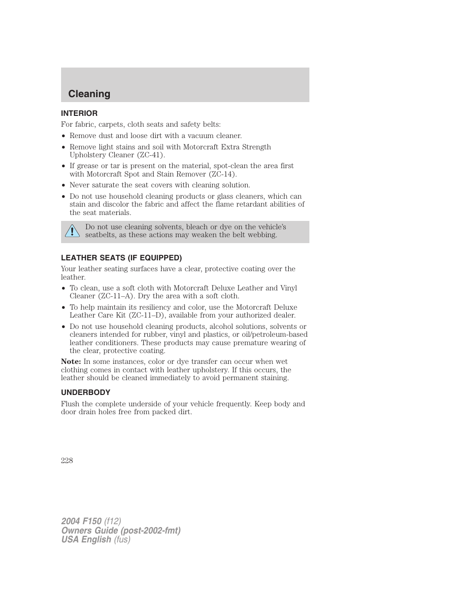 Cleaning | FORD 2004 F-150 v.5 User Manual | Page 228 / 304