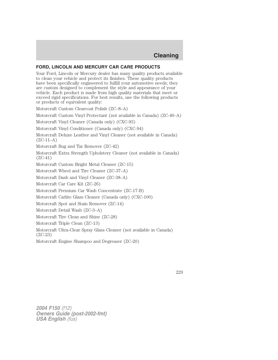 Cleaning | FORD 2004 F-150 v.5 User Manual | Page 229 / 304