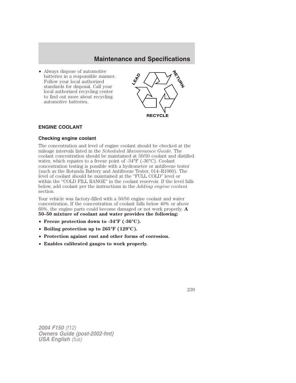 Maintenance and specifications | FORD 2004 F-150 v.5 User Manual | Page 239 / 304