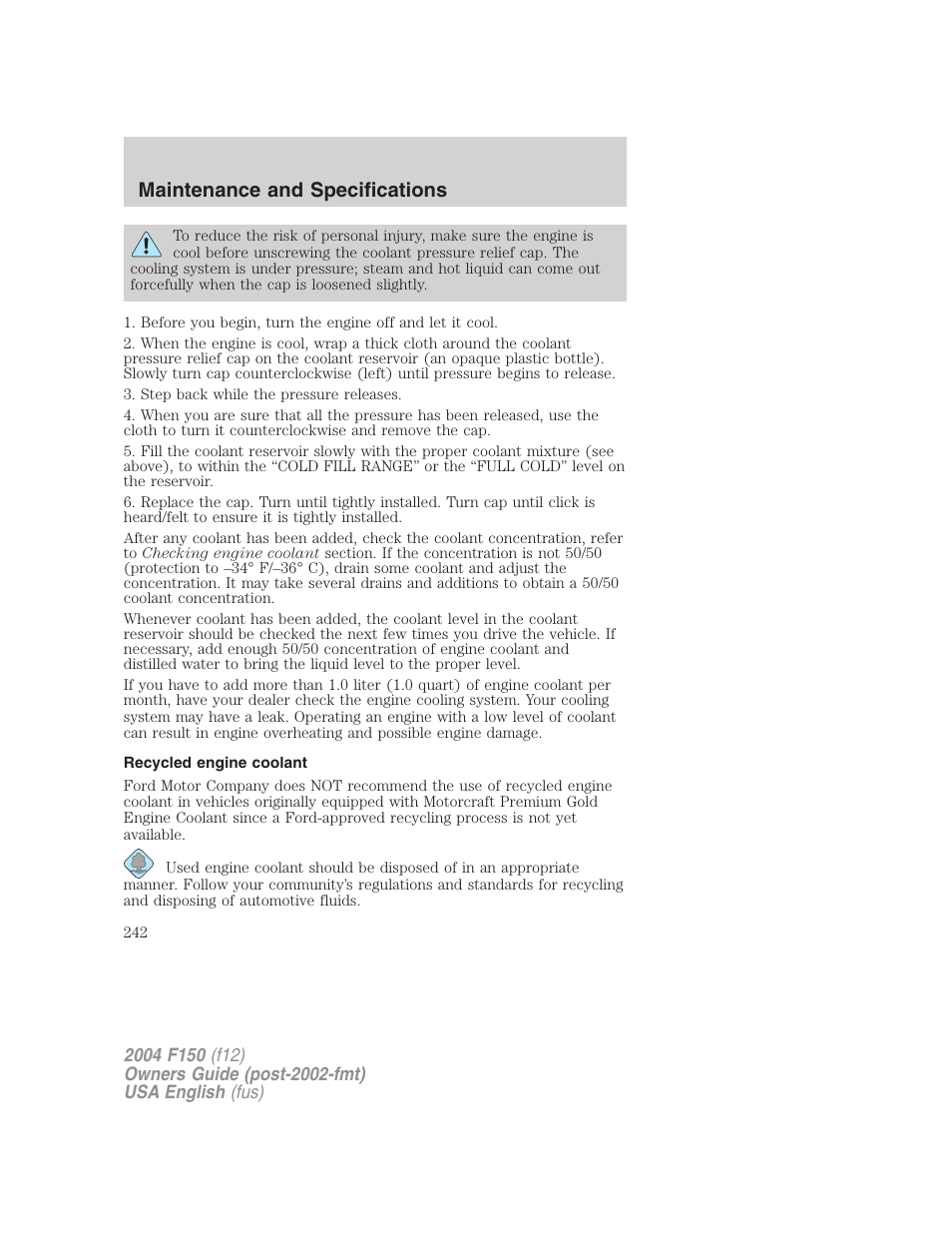 Maintenance and specifications | FORD 2004 F-150 v.5 User Manual | Page 242 / 304
