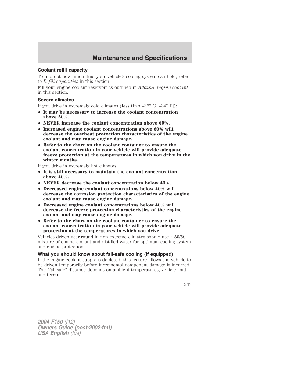 Maintenance and specifications | FORD 2004 F-150 v.5 User Manual | Page 243 / 304